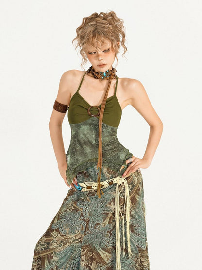 Nico Molly Dark Green Oil Painting Print Wood Ring Cross Back Slim Women&