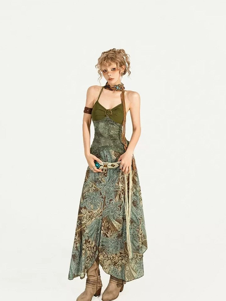Nico Molly Dark Green Oil Painting Print Wood Ring Cross Back Slim Women&