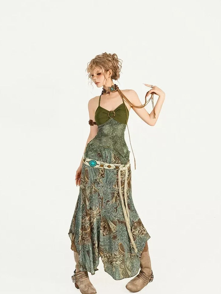Nico Molly Dark Green Oil Painting Print Wood Ring Cross Back Slim Women&