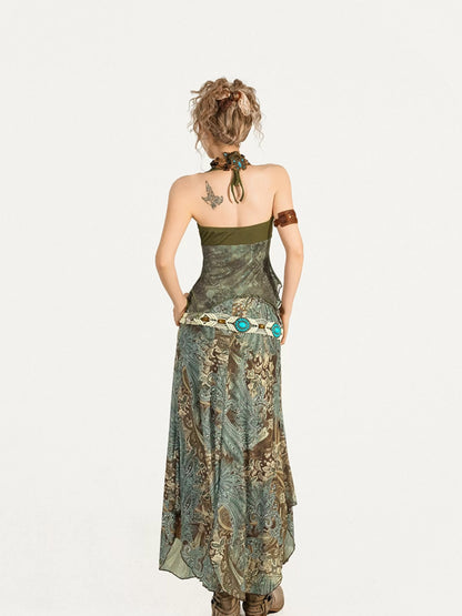 Nico Molly Dark Green Oil Painting Print Wood Ring Cross Back Slim Women&