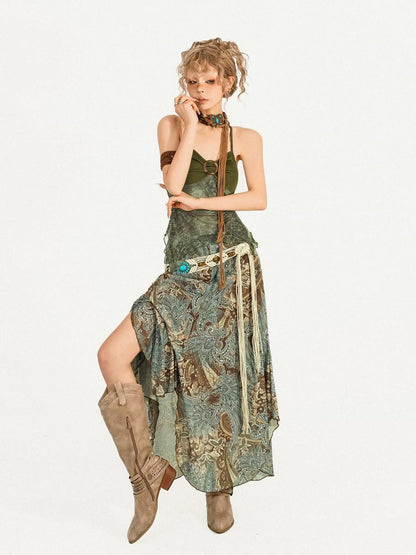 Nico Molly Dark Green Oil Painting Print Wood Ring Cross Back Slim Women&
