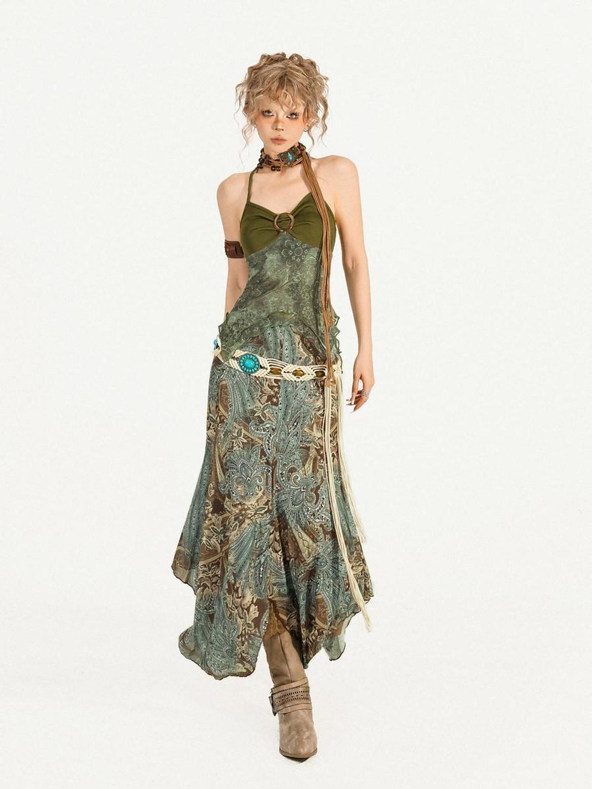 Nico Molly Dark Green Oil Painting Print Wood Ring Cross Back Slim Women&