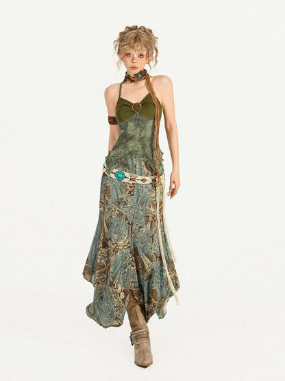 Nico Molly Dark Green Oil Painting Print Wood Ring Cross Back Slim Women&