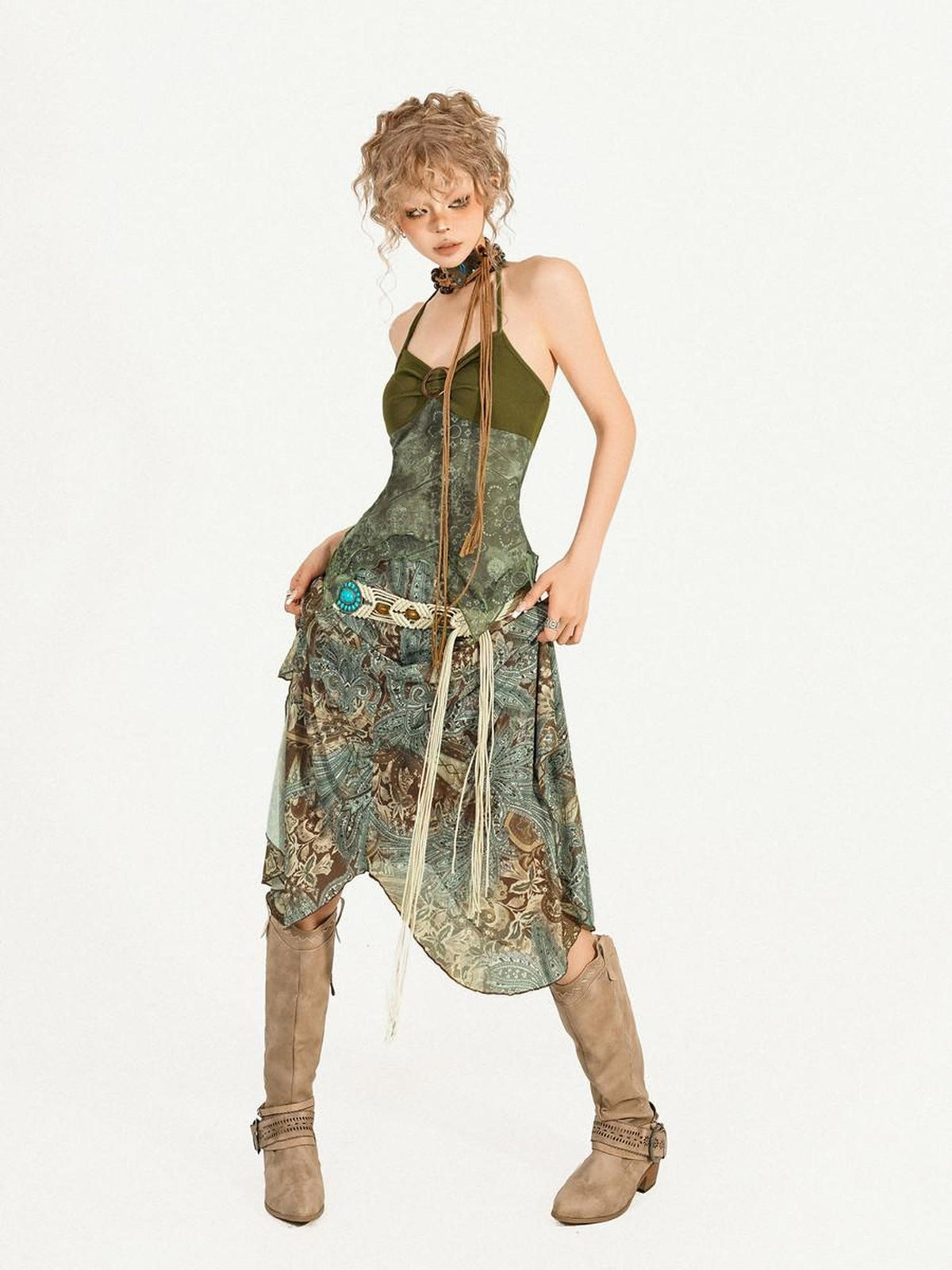 Nico Molly Dark Green Oil Painting Print Wood Ring Cross Back Slim Women&