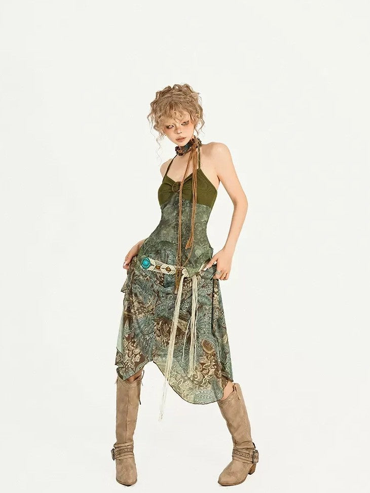 Nico Molly Dark Green Oil Painting Print Wood Ring Cross Back Slim Women&