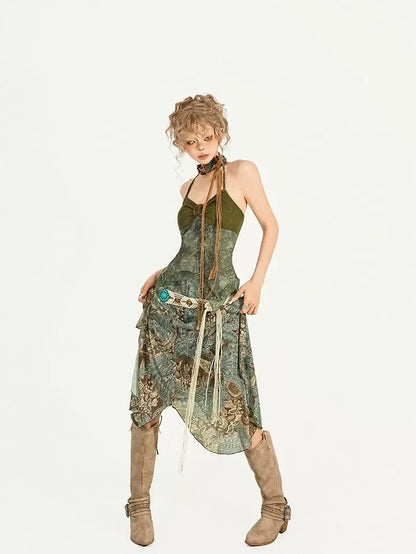 Nico Molly Dark Green Oil Painting Print Wood Ring Cross Back Slim Women&