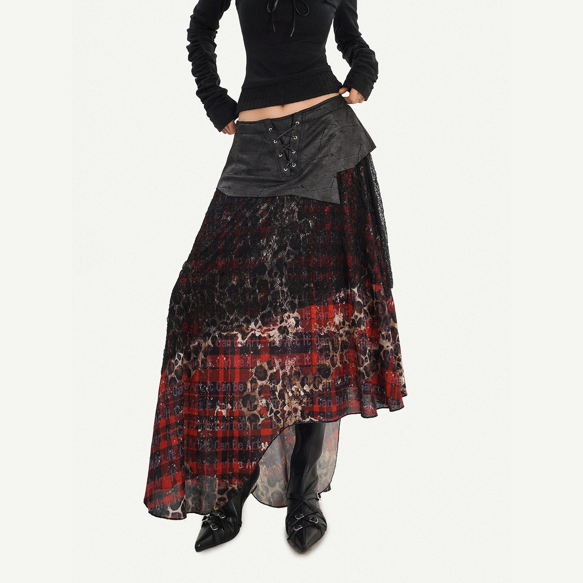 Nico_Molly_Dark_Red_Plaid_Asymmetric_Splice_High_Waist_Women&