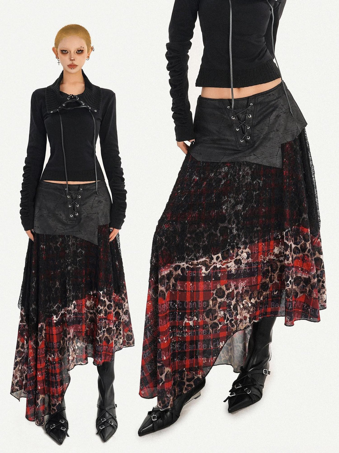 Nico Molly Dark Red Plaid Asymmetric Splice High Waist Women&
