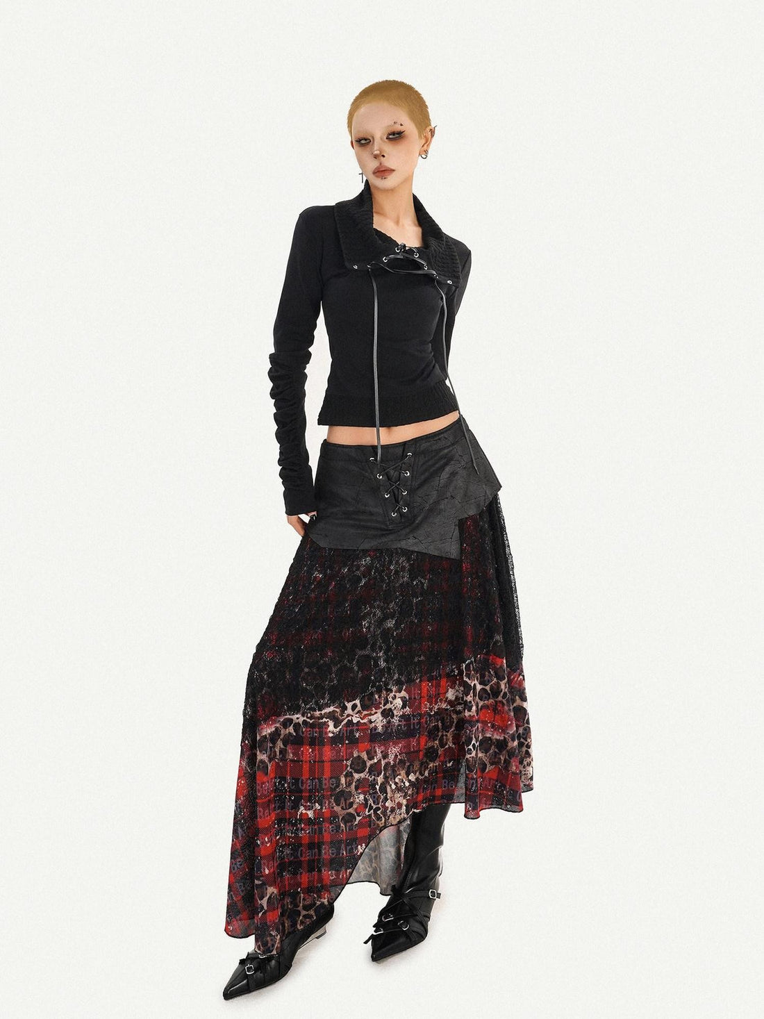 Nico Molly Dark Red Plaid Asymmetric Splice High Waist Women&
