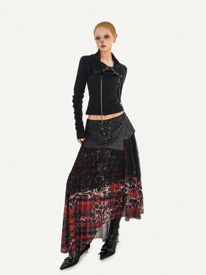 Nico Molly Dark Red Plaid Asymmetric Splice High Waist Women&