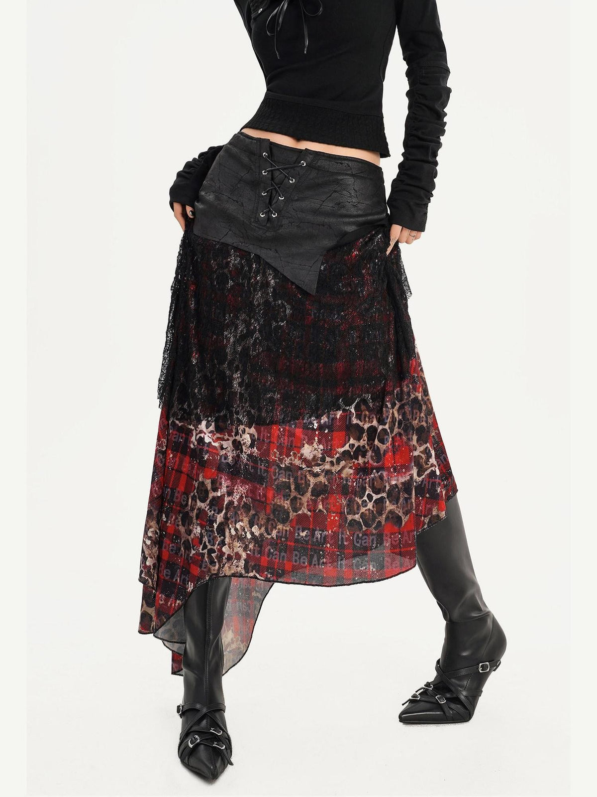 Nico Molly Dark Red Plaid Asymmetric Splice High Waist Women&