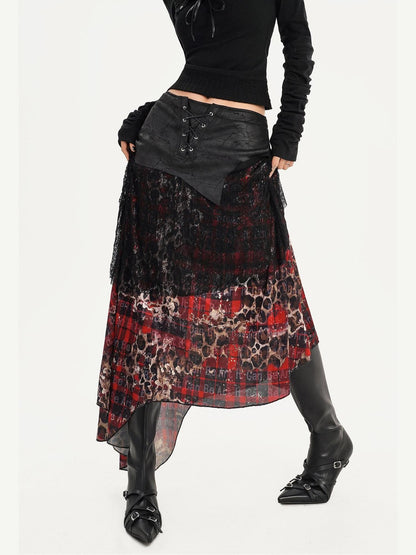 Nico Molly Dark Red Plaid Asymmetric Splice High Waist Women&