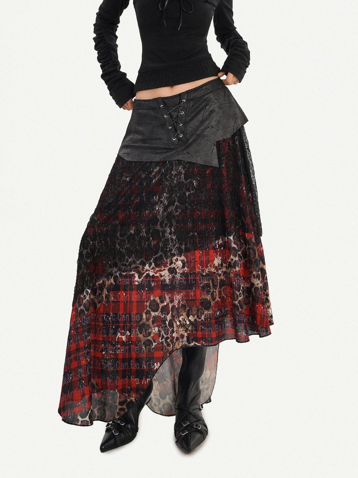 Nico Molly Dark Red Plaid Asymmetric Splice High Waist Women&