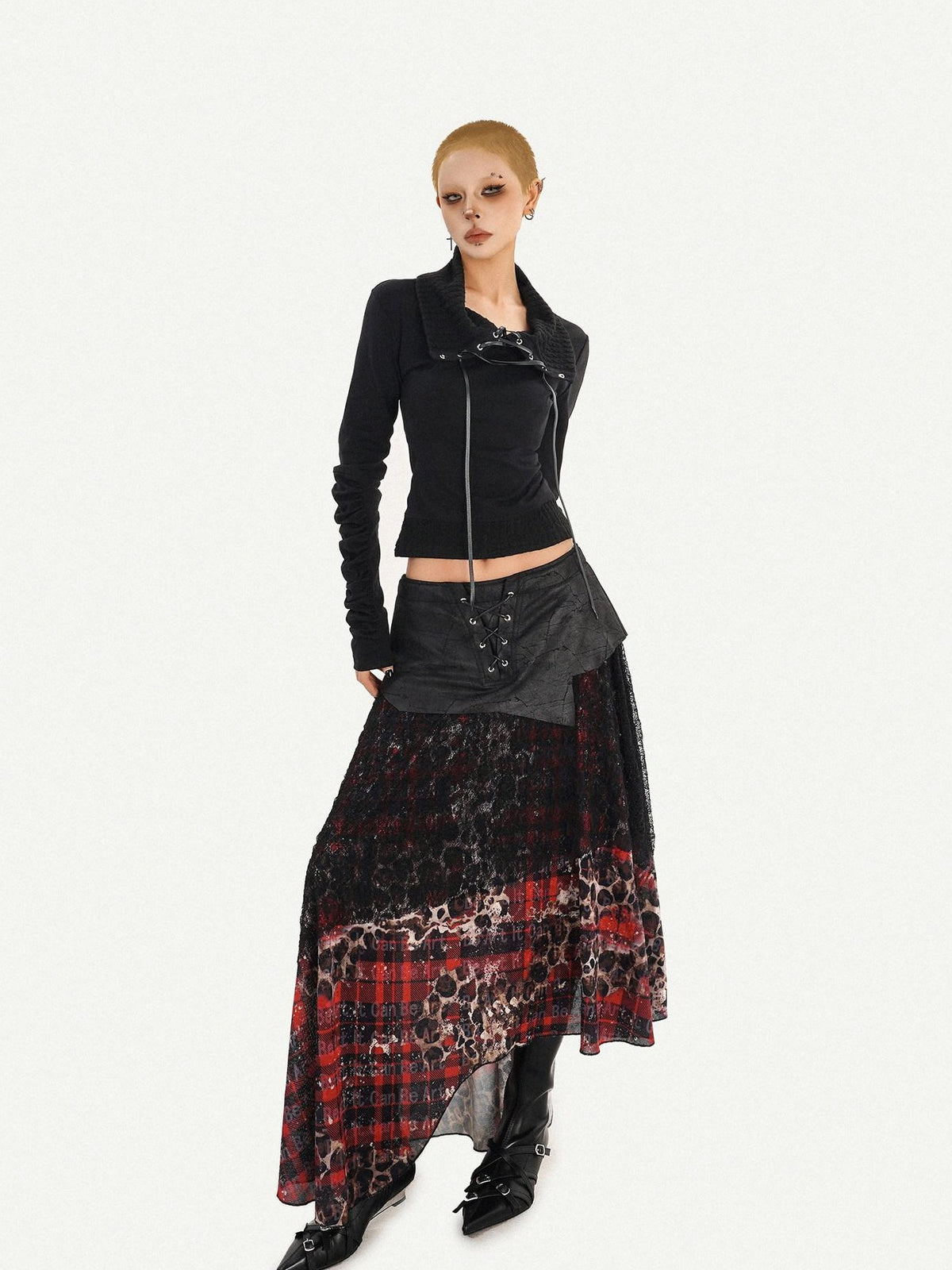 Nico Molly Dark Red Plaid Asymmetric Splice High Waist Women&
