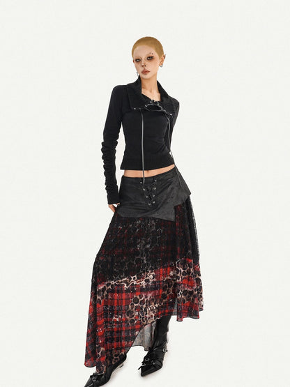 Nico Molly Dark Red Plaid Asymmetric Splice High Waist Women&