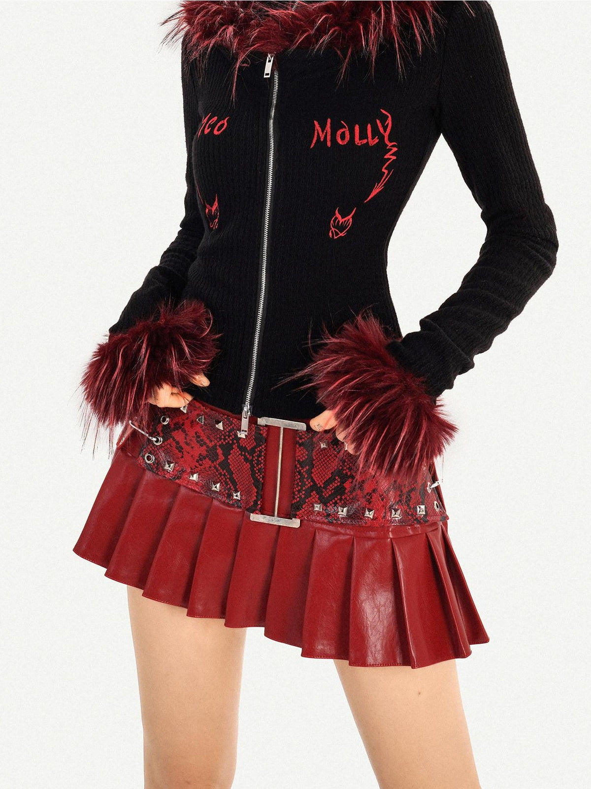 Nico Molly Dark Red Punk Retro Snake Print Pleated Women&
