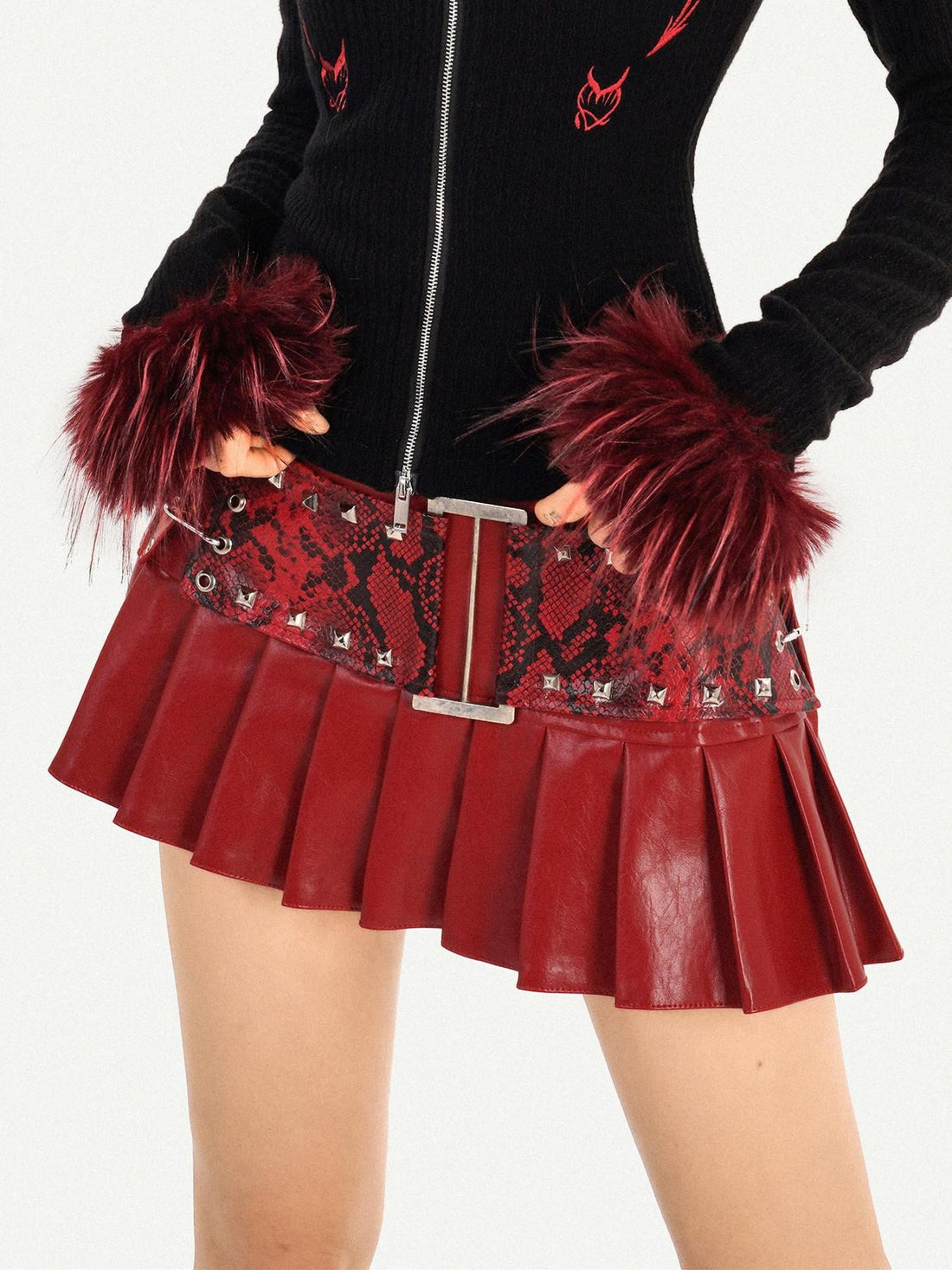 Nico Molly Dark Red Punk Retro Snake Print Pleated Women&