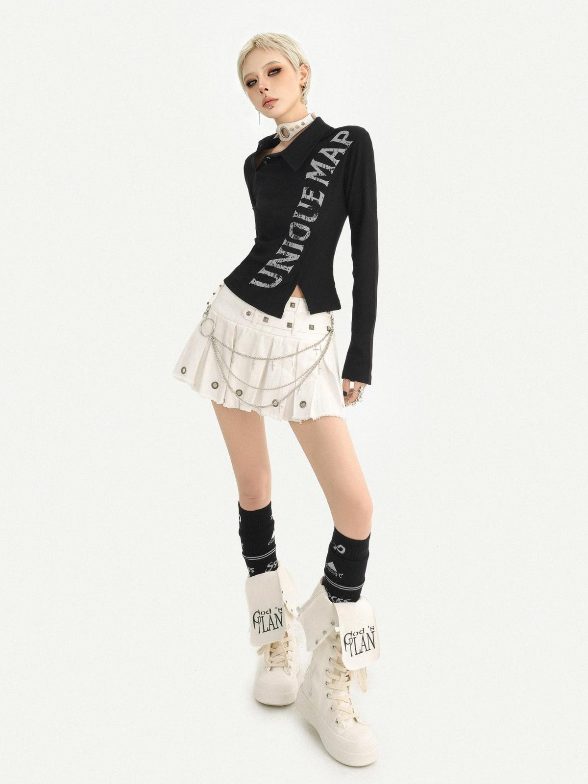 Nico Molly Dark Retro Letter Print Slim Turndown Collar Women&