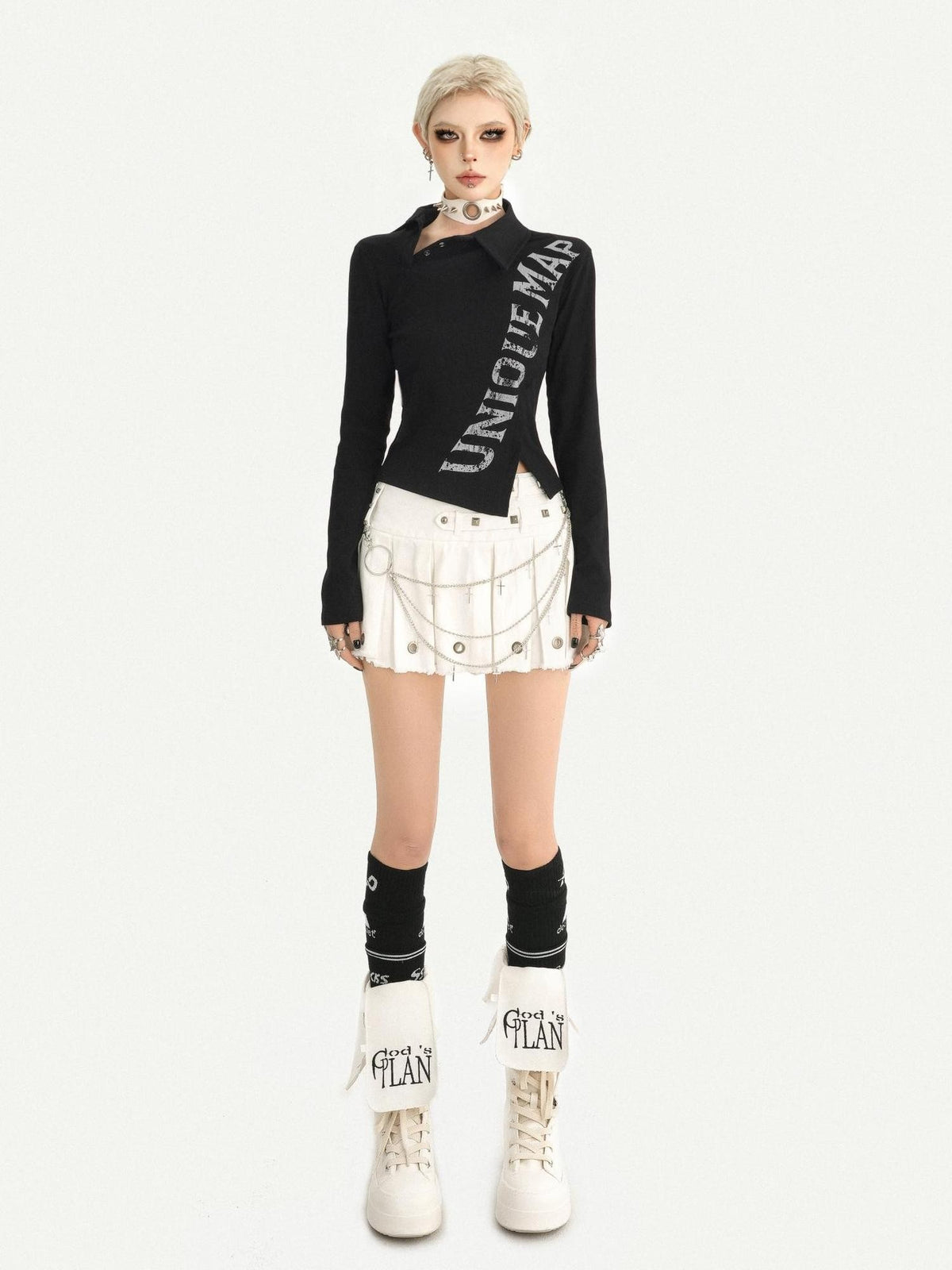 Nico Molly Dark Retro Letter Print Slim Turndown Collar Women&