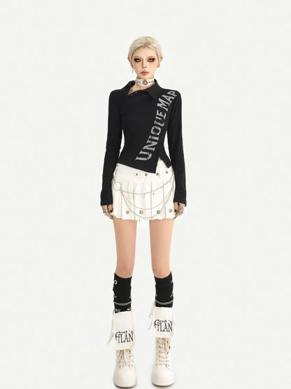 Nico Molly Dark Retro Letter Print Slim Turndown Collar Women&