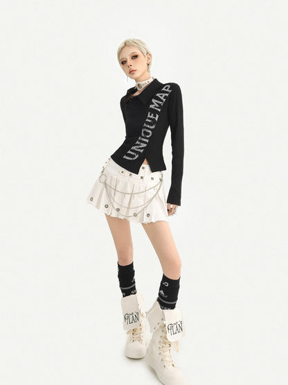 Nico Molly Dark Retro Letter Print Slim Turndown Collar Women&