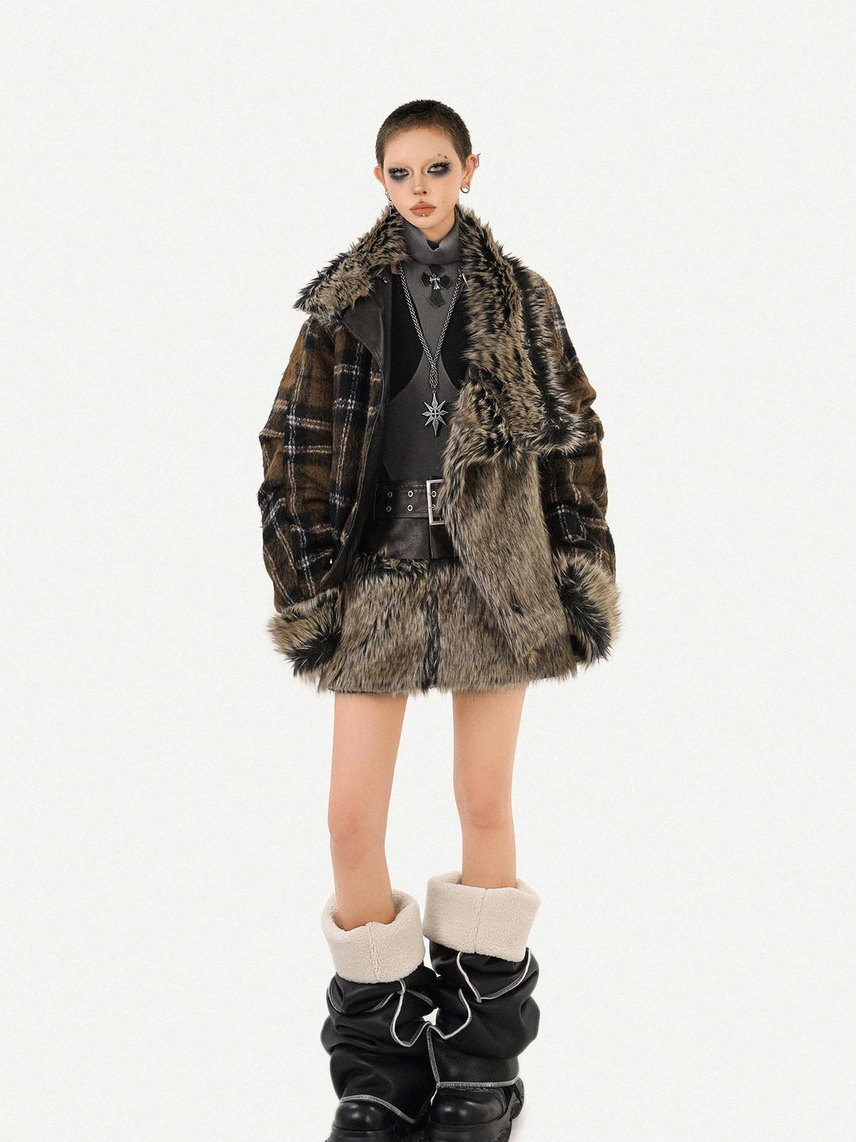 Nico Molly Dark Rock Patchwork Plaid Reversible Plush Women&