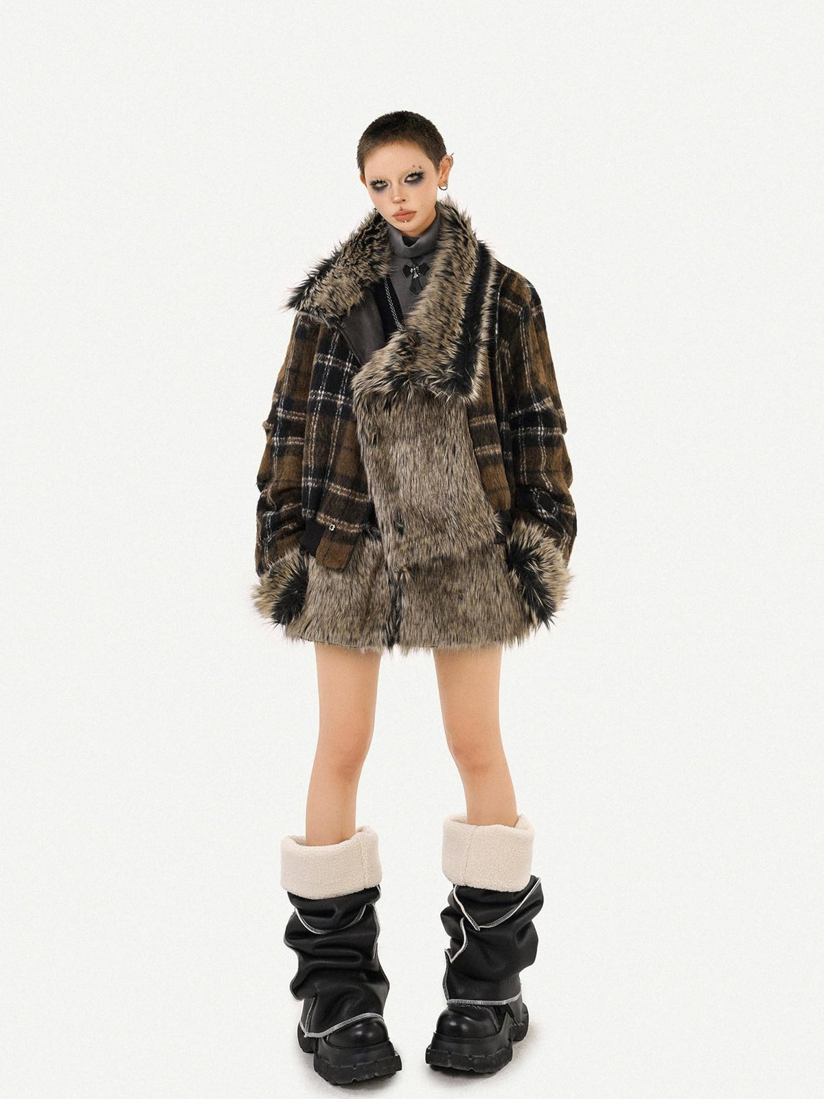 Nico Molly Dark Rock Patchwork Plaid Reversible Plush Women&