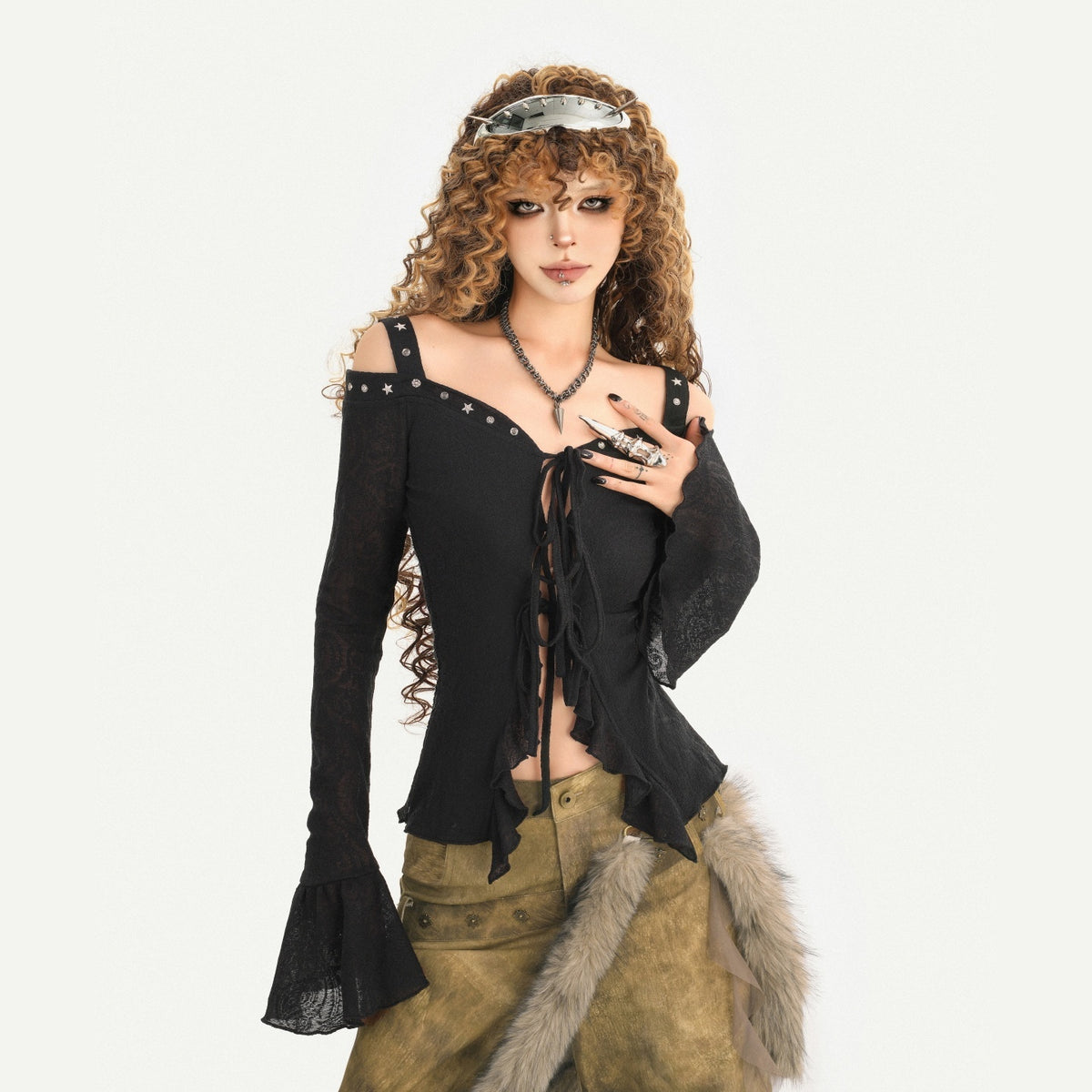 Nico_Molly_Dark_Studded_Tie_Off_Shoulder_Bell_Sleeve_Slim_Women&