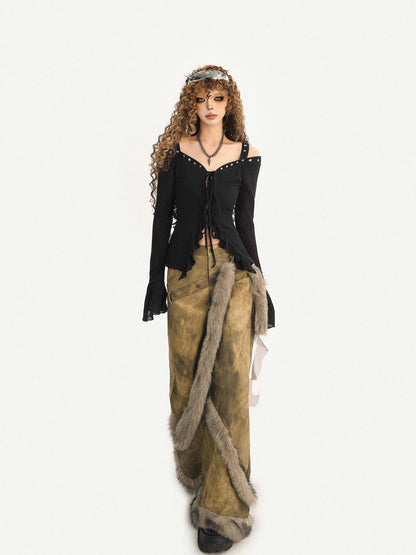 Nico Molly Dark Studded Tie Off Shoulder Bell Sleeve Slim Women&