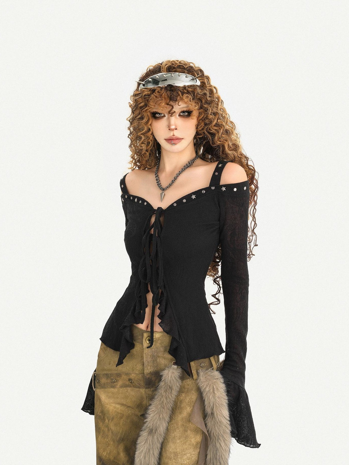 Nico Molly Dark Studded Tie Off Shoulder Bell Sleeve Slim Women&