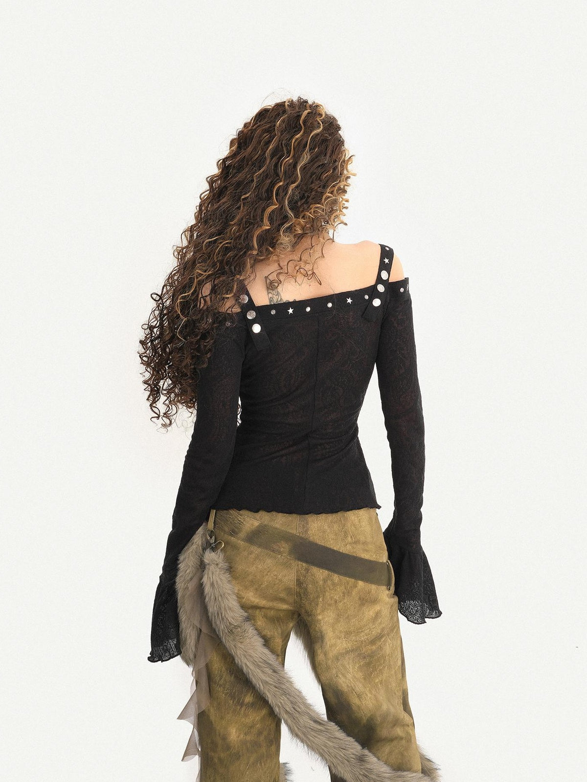 Nico Molly Dark Studded Tie Off Shoulder Bell Sleeve Slim Women&