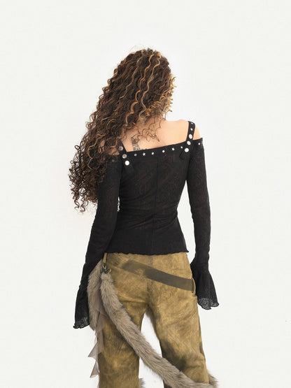 Nico Molly Dark Studded Tie Off Shoulder Bell Sleeve Slim Women&
