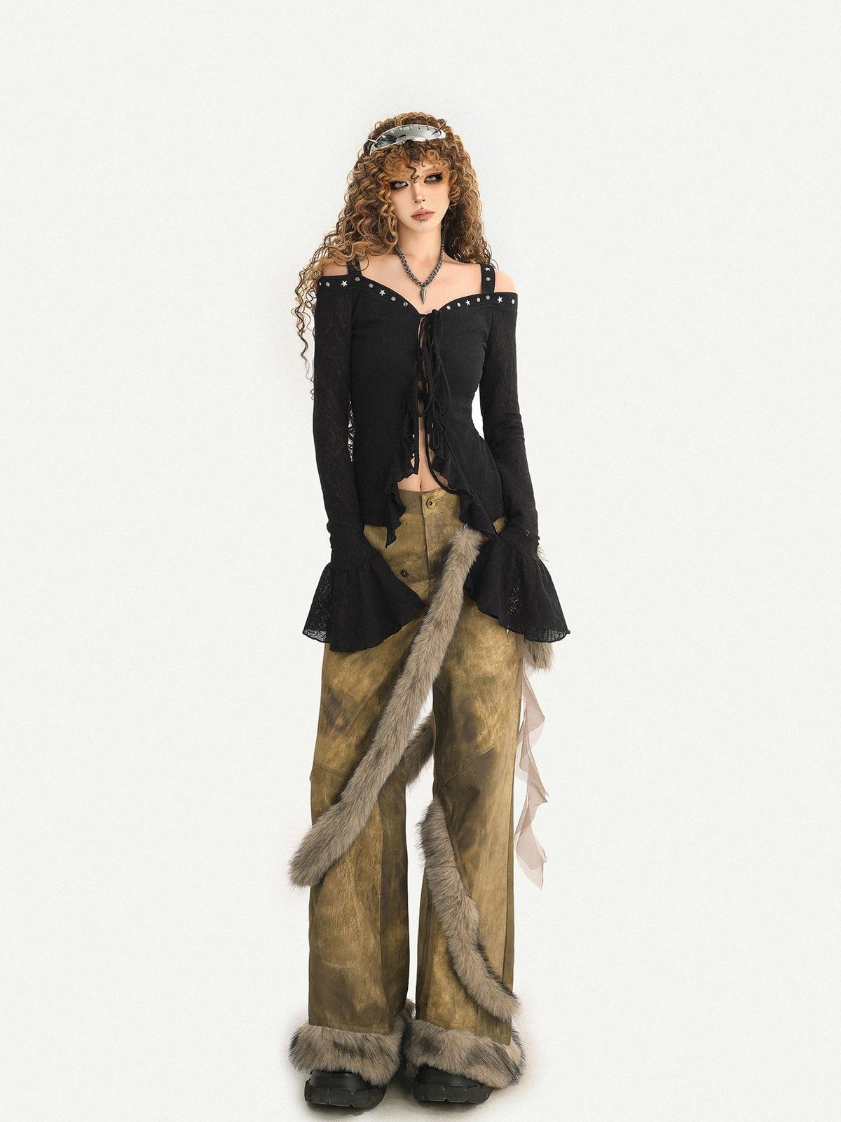 Nico Molly Dark Studded Tie Off Shoulder Bell Sleeve Slim Women&