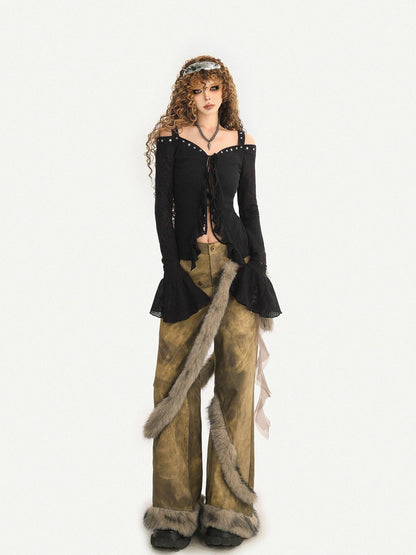 Nico Molly Dark Studded Tie Off Shoulder Bell Sleeve Slim Women&