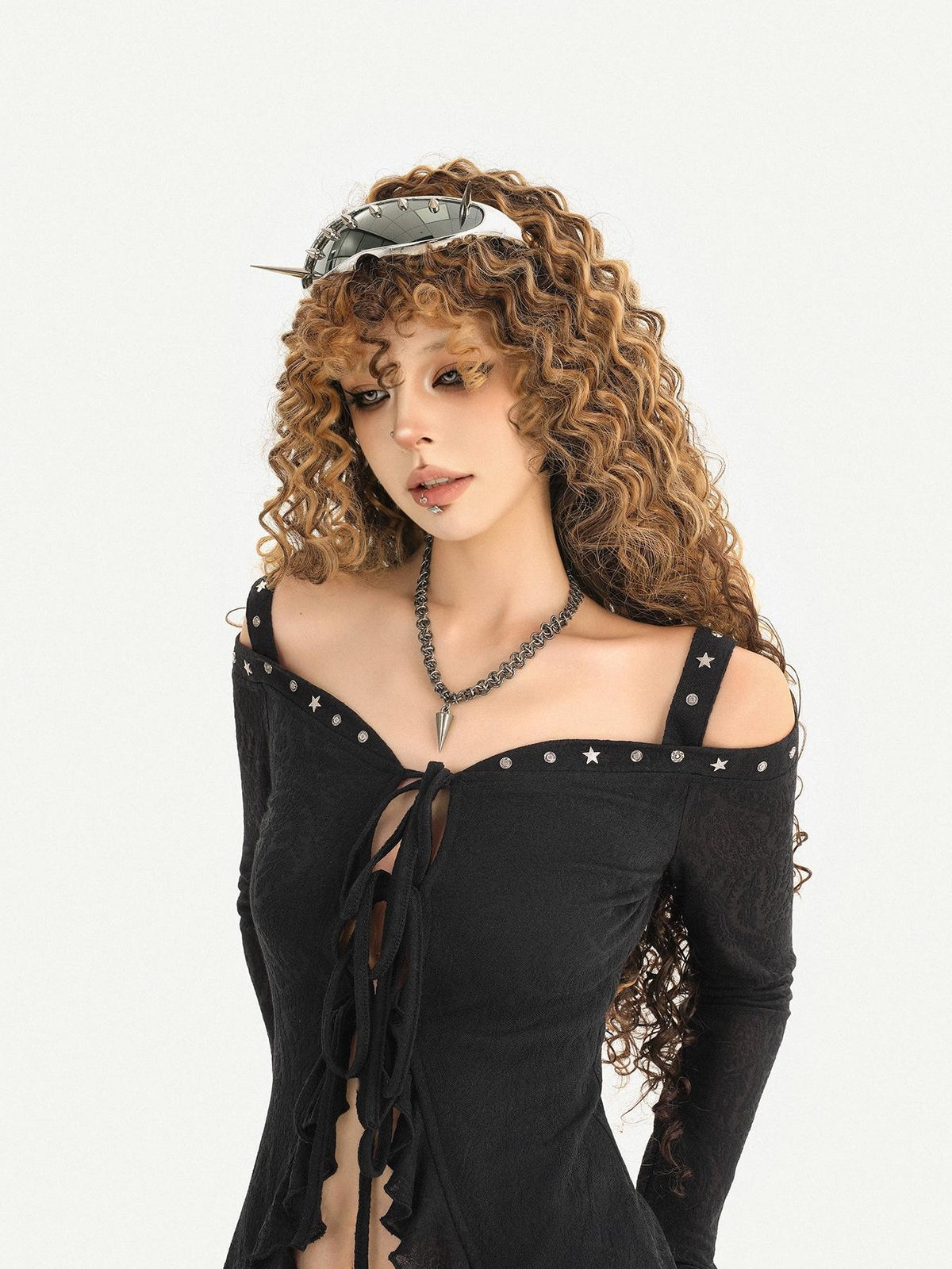 Nico Molly Dark Studded Tie Off Shoulder Bell Sleeve Slim Women&