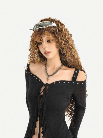 Nico Molly Dark Studded Tie Off Shoulder Bell Sleeve Slim Women&
