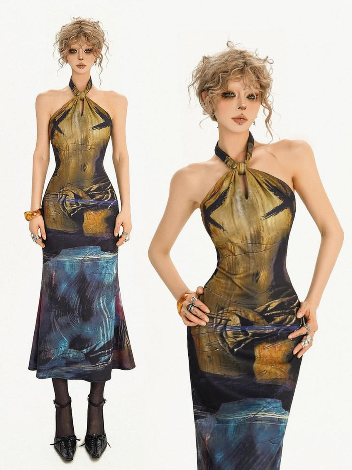Nico Molly Deep Blue Artistic Retro Print High Waist Fishtail Women&