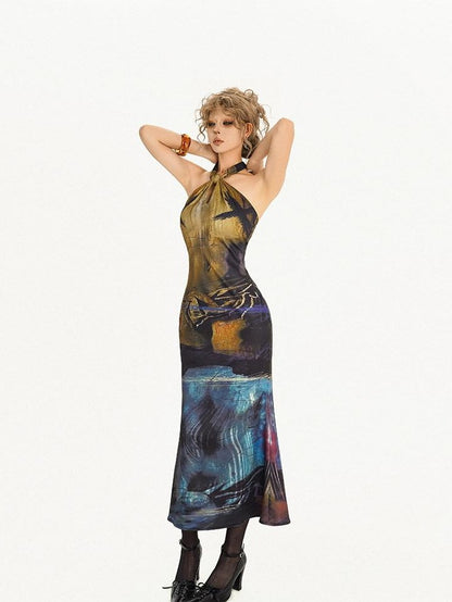 Nico Molly Deep Blue Artistic Retro Print High Waist Fishtail Women&