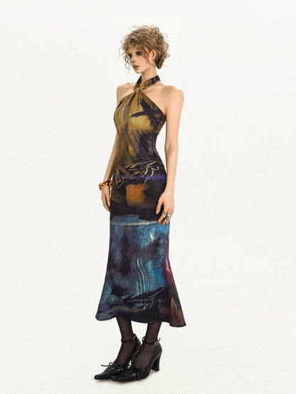 Nico Molly Deep Blue Artistic Retro Print High Waist Fishtail Women&