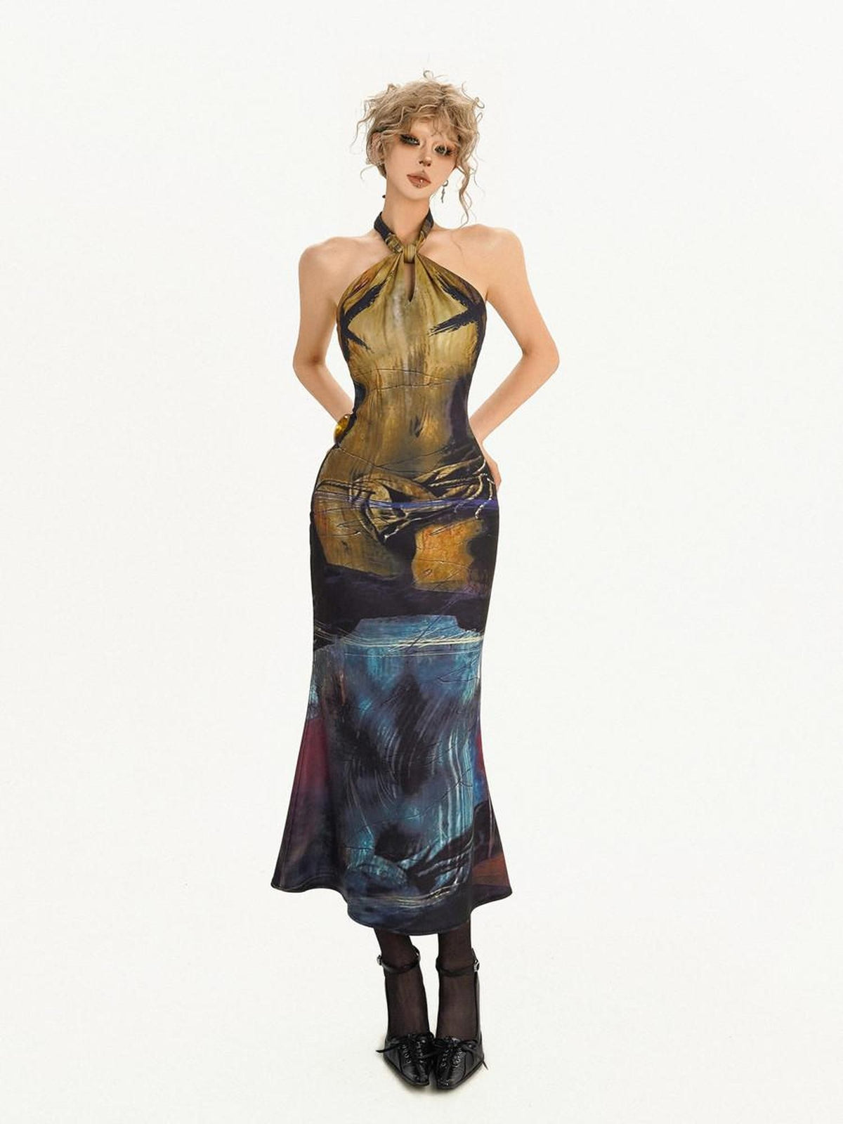 Nico Molly Deep Blue Artistic Retro Print High Waist Fishtail Women&