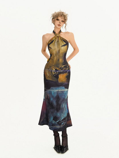 Nico Molly Deep Blue Artistic Retro Print High Waist Fishtail Women&