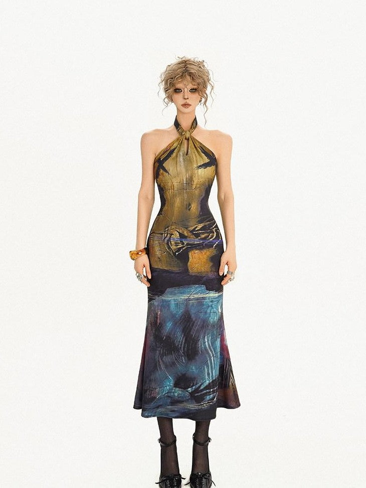 Nico Molly Deep Blue Artistic Retro Print High Waist Fishtail Women&