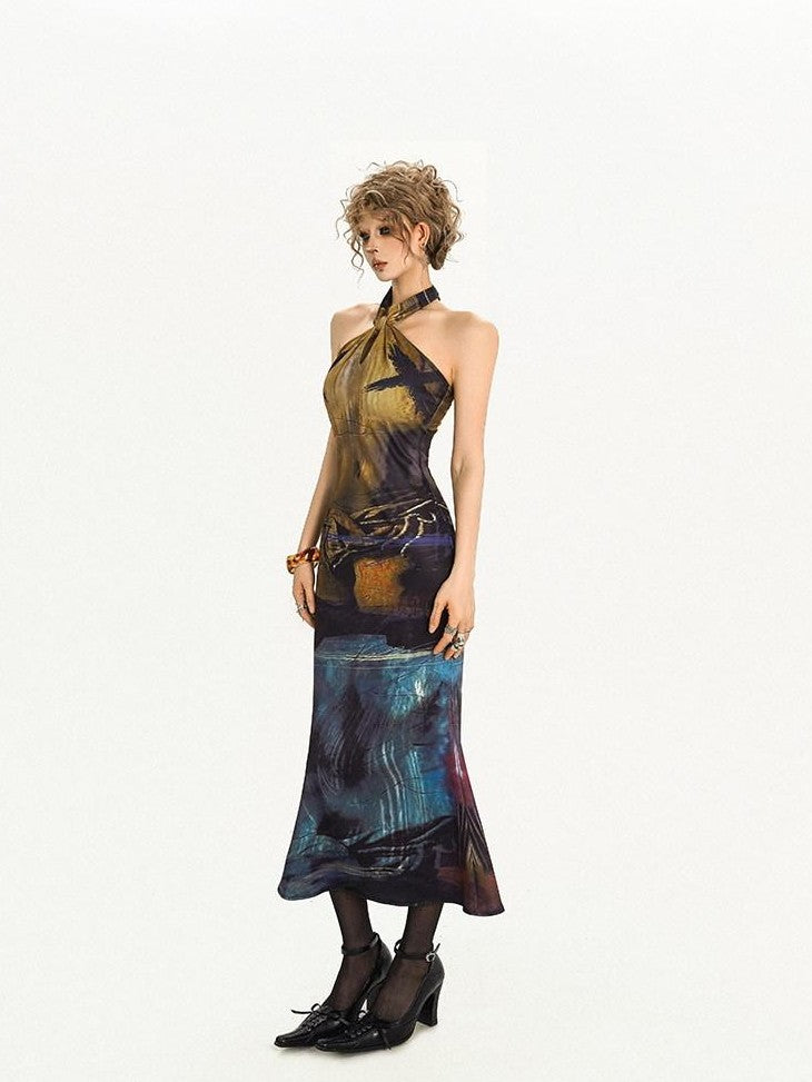 Nico Molly Deep Blue Artistic Retro Print High Waist Fishtail Women&