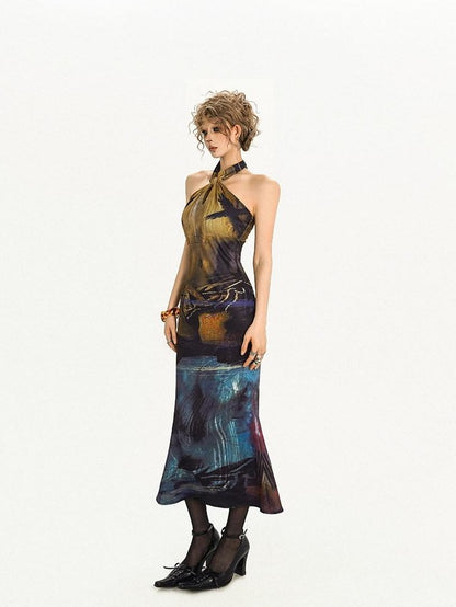 Nico Molly Deep Blue Artistic Retro Print High Waist Fishtail Women&