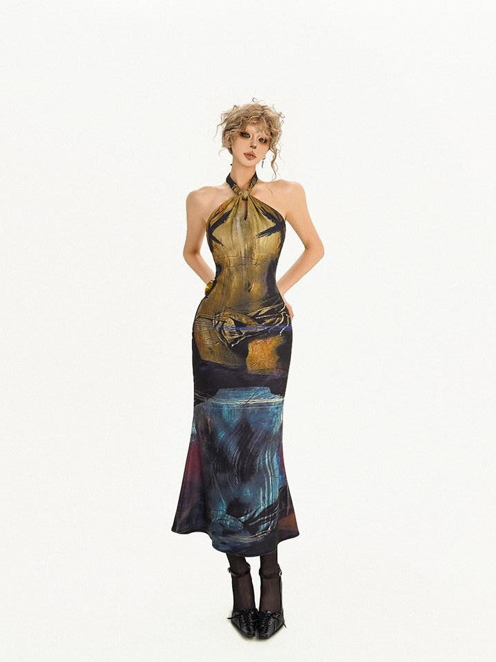 Nico Molly Deep Blue Artistic Retro Print High Waist Fishtail Women&