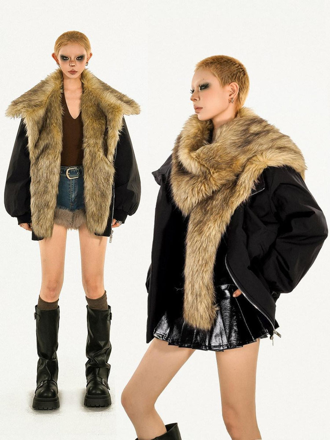 Nico Molly Detachable Fur Collar Large Lapel Moto Parka Women&