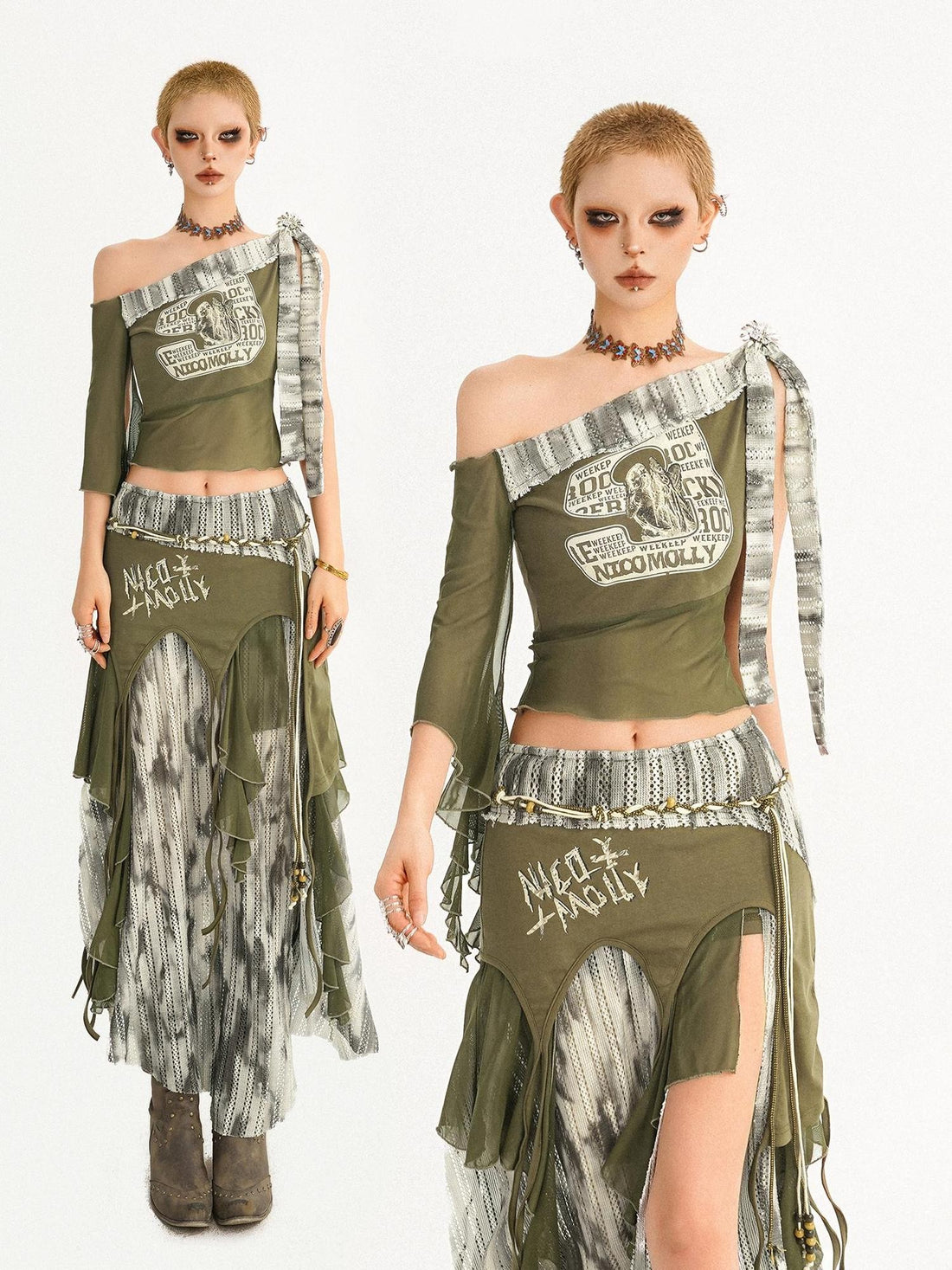 Nico Molly Distressed Print Asymmetric Off Shoulder Women&