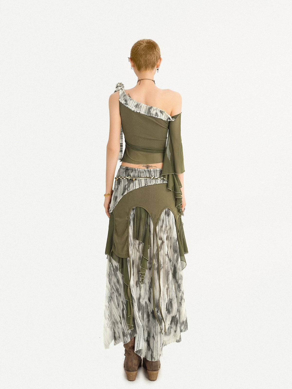 Nico Molly Distressed Print Asymmetric Off Shoulder Women&