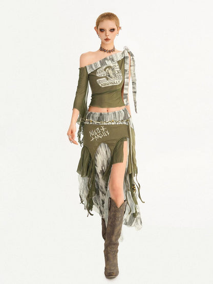 Nico Molly Distressed Print Asymmetric Off Shoulder Women&