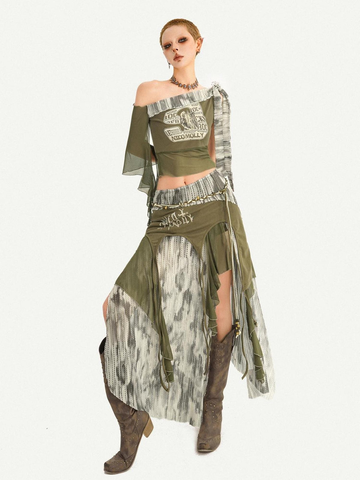 Nico Molly Distressed Print Asymmetric Off Shoulder Women&